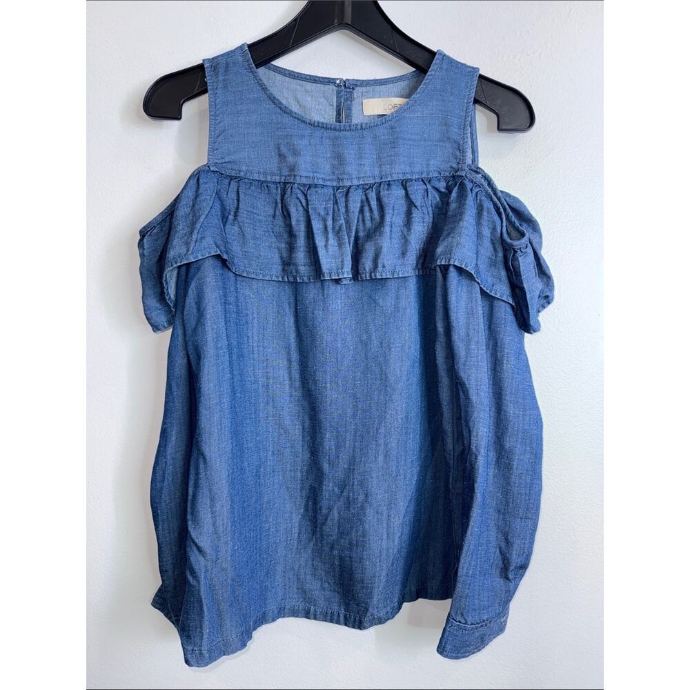 Loft chambray blue cold shoulder ruffle blouse size small petite - Picture 4 of 6